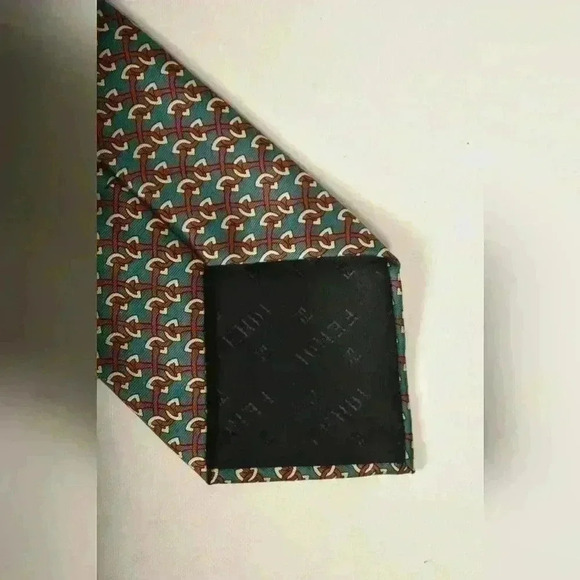 1980s FENDI Green Red Chain Motif Geometric 100% Silk  Tie 3.5" Made in Italy - Picture 3 of 6